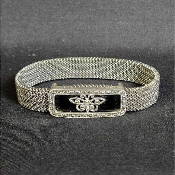 Silver Tone Mesh Stretch Bracelet Butterfly Center Black Enamel Rhinestone - Picture 1 of 5